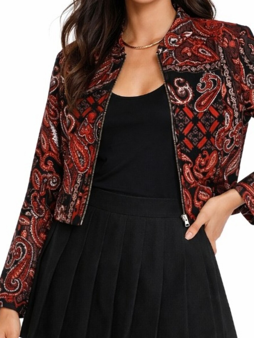 Molly & Maxx Brocade Zippered Boho Metallic Stitch Paisley Jacket Red Black Sm